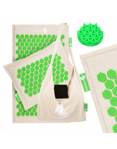 FlowerMAT Акупрессурный массажный коврик + Подушка точечного массажа + сумка , Бежевый с зеленым