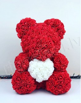 Мишка с сердцем из искусственных красных роз из фоамирана 38 см  (не мягкий)